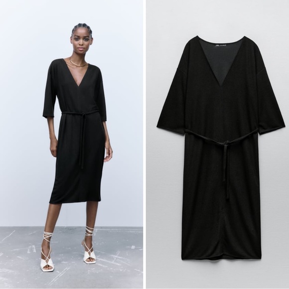 Zara dress with belt 🖤 midi length v neck kimono sleeve straight cut 🖤 black L - Picture 1 of 16